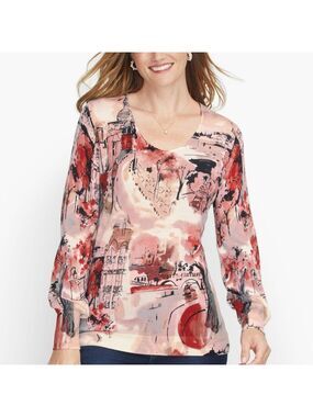 Talbots Pure Merino Rounded V-Neck Sweater - Scenic Autumn City Square - SP